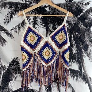 Shein Crochet Geometric Fringe Bohemian Cropped Tank Top Size S